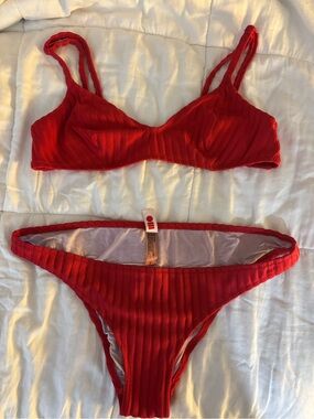 Solid & Striped  Red Ribbed Bikini Set